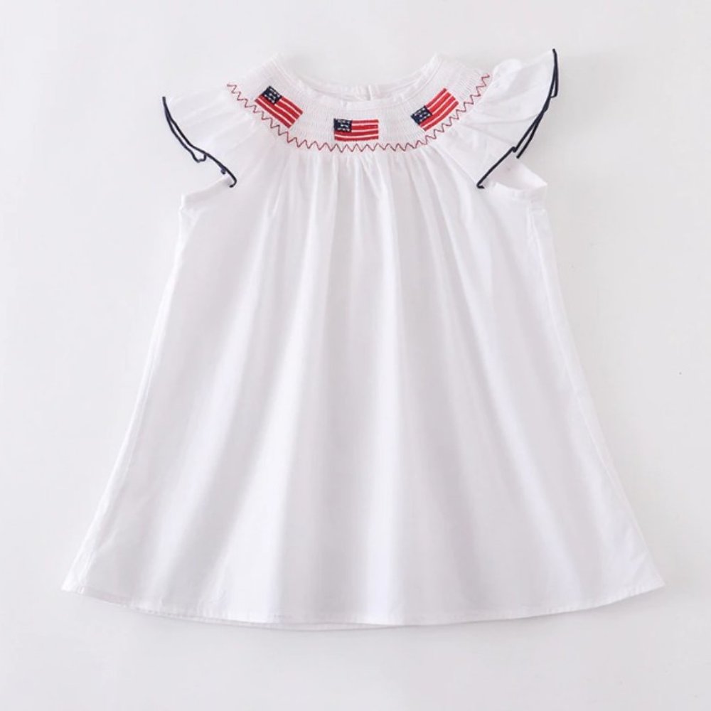 Boutique 4th of July Girls Embroidered US Flag Smocked White Dress